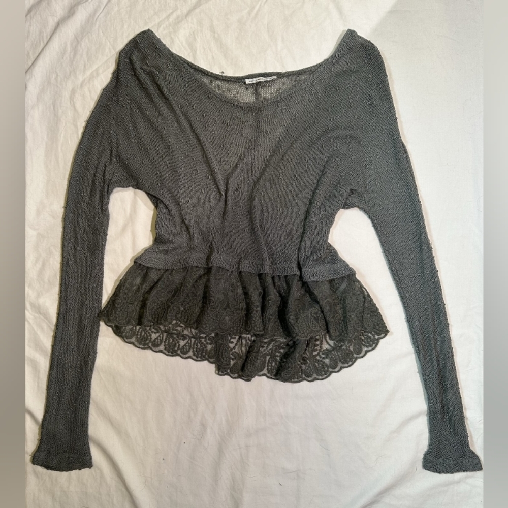 Sheer Knit and Crochet Flare Long Sleeve Dark Grey Top American Eagle